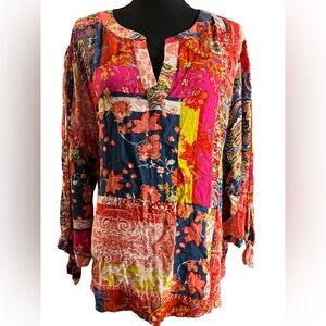 Jones New York  patchwork boho top, gauzy texture and tie sleeves 3X
